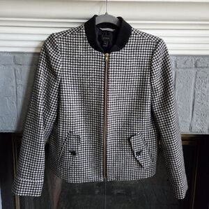 J Crew Size XS Black White Houndstooth Wool Bomber Zip Jacket